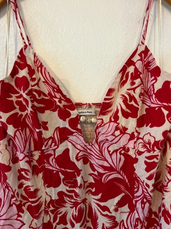 Abercrombie & Fitch Beaded Flowy Floral Red Pink Midi Dress Linen Blend Size XL - Picture 10 of 13